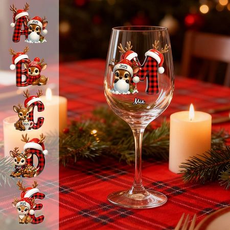 Festive and Cute Reindeer Christmas Letters - Personalized Wine Glasses and Stemless Wine Glasses